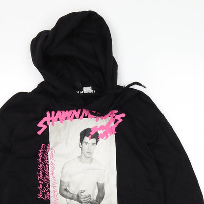 Close-up detail of H&M women’s black pullover hoodie, size S