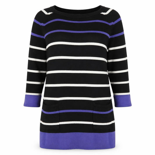 Front view of F&F women’s black striped jumper, size UK 14