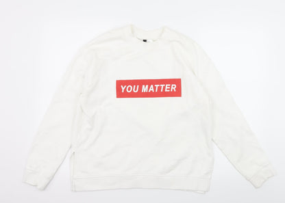 Additional front view of H&M women’s white jersey pullover sweatshirt, size M, - you matter