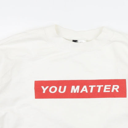 Close-up detail of H&M women’s white jersey pullover sweatshirt, size M, - you matter