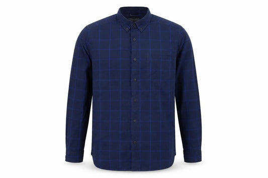 Front view of H&M men’s blue check button-up, size S