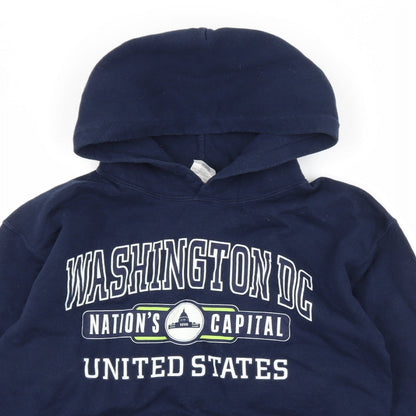 Close-up detail of Gildan men’s blue jersey pullover hoodie, size S, - washington