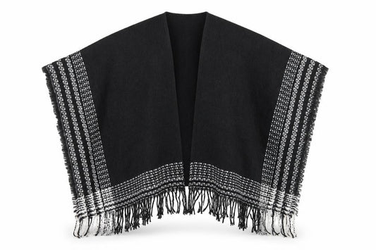 Front view of Preworn women’s black striped knit jacket one size