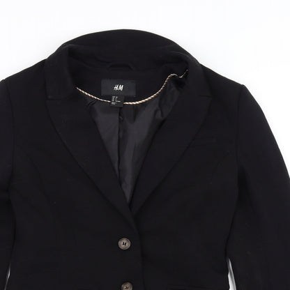 Close-up detail of H&M women’s black jacket blazer, size UK 10