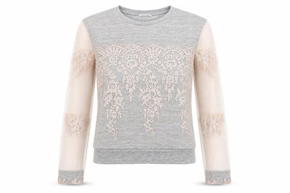 Front view of H&M women’s grey pullover sweatshirt, size M