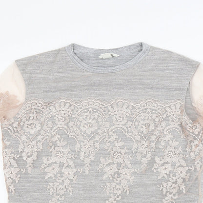 Close-up detail of H&M women’s grey pullover sweatshirt, size M