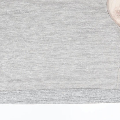 Brand and care label for H&M women’s grey pullover sweatshirt, size M