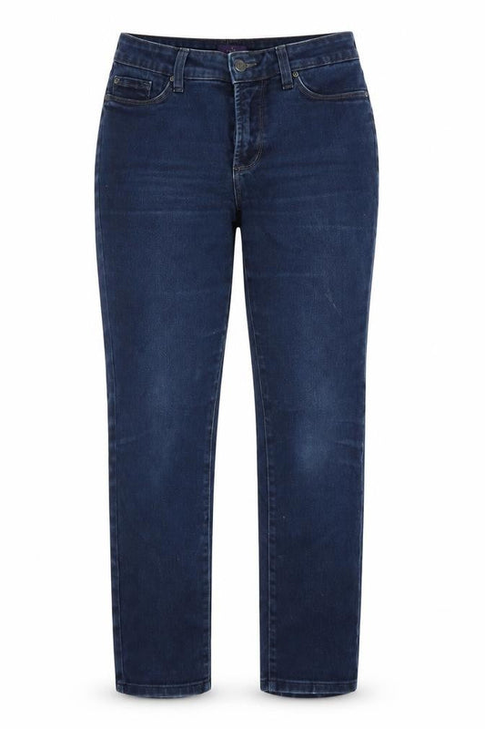 Front view of women’s blue denim straight jeans, size UK 6, 27-inch leg