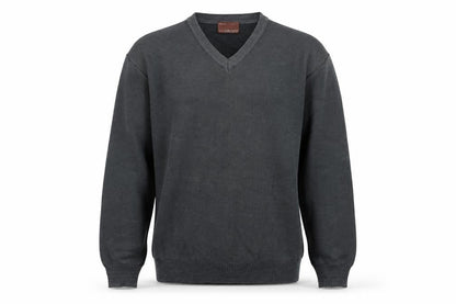 Front view of Marks & Spencer men’s grey striped knit jumper, size M