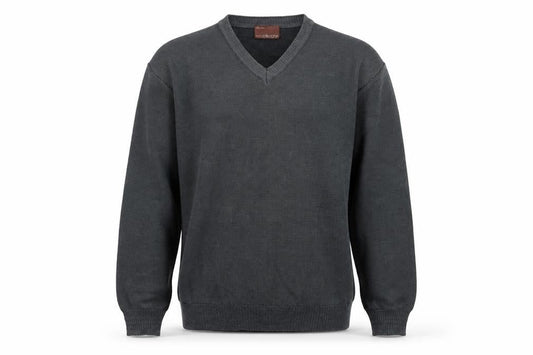 Front view of Marks & Spencer men’s grey striped knit jumper, size M