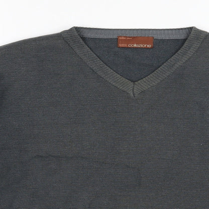 Close-up detail of Marks & Spencer men’s grey striped knit jumper, size M