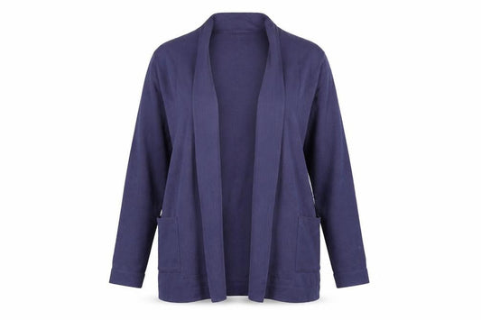 Front view of Country Collection women’s purple cardigan jumper, size M