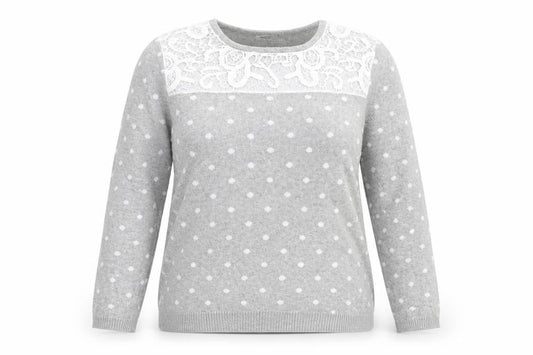 Front view of Damart women’s grey polka dot jumper, size UK 14