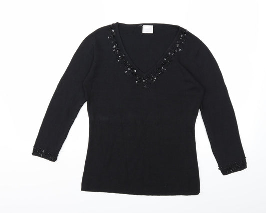 Agenda Womens Black  Knit Pullover Jumper Size 12