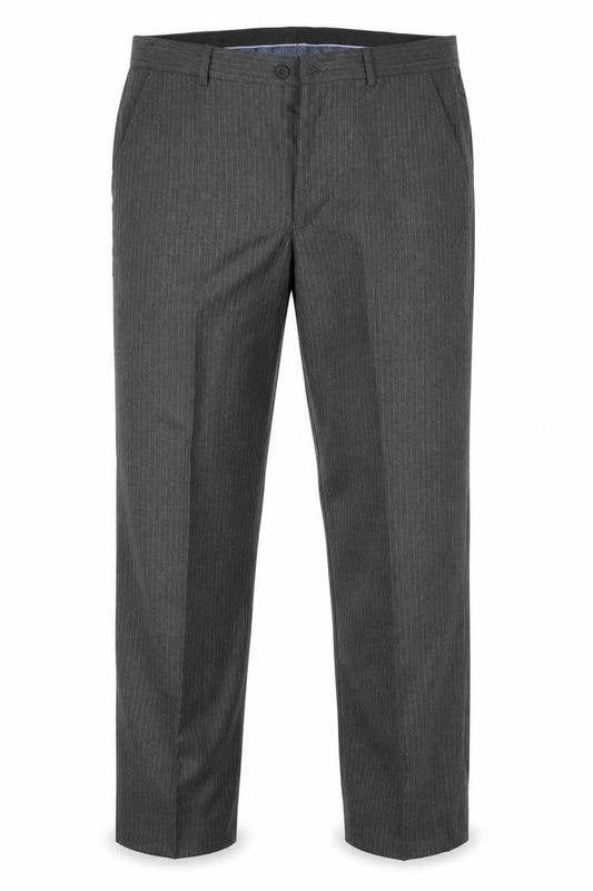 Front view of Preworn men’s grey striped trousers, size 32, in, 28-inch leg