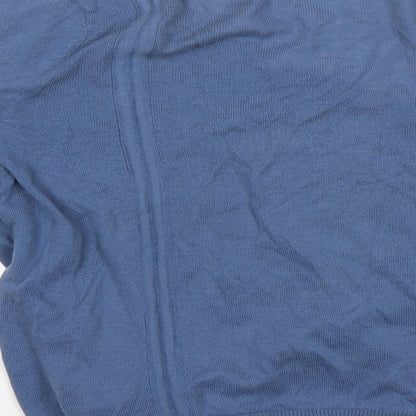 Brand and care label for Preworn women’s blue cardigan jumper, size UK 8