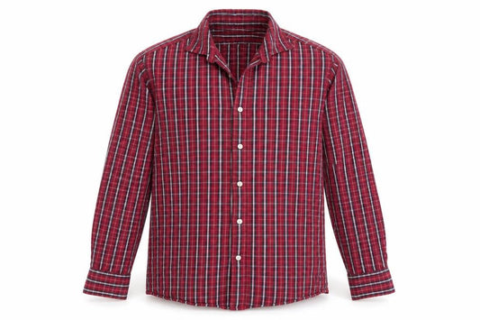 Front view of Easy Wear men’s red check button-up, size M