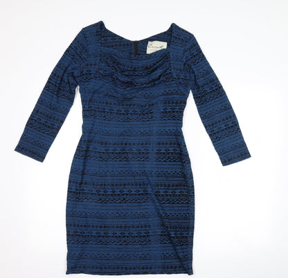 Additional front view of ceme london women’s blue geometric bodycon, size UK 12