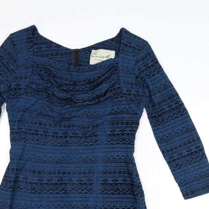 Close-up detail of ceme london women’s blue geometric bodycon, size UK 12