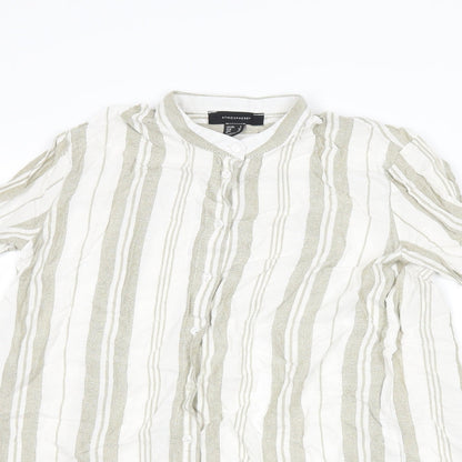 Close-up detail of Atmosphere women’s white striped basic button-up, size UK 6