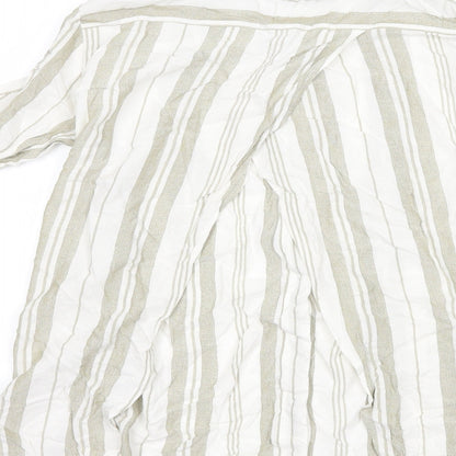 Brand and care label for Atmosphere women’s white striped basic button-up, size UK 6