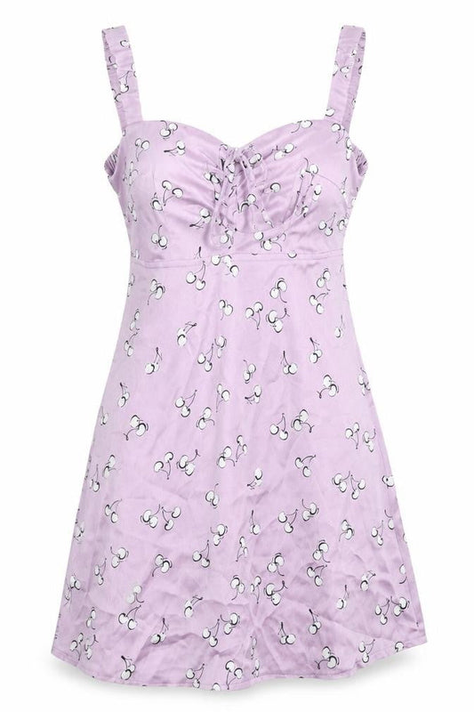 Front view of Kai women’s purple a-line, size S, - cherry print