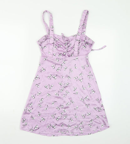 Back view of Kai women’s purple a-line, size S, - cherry print