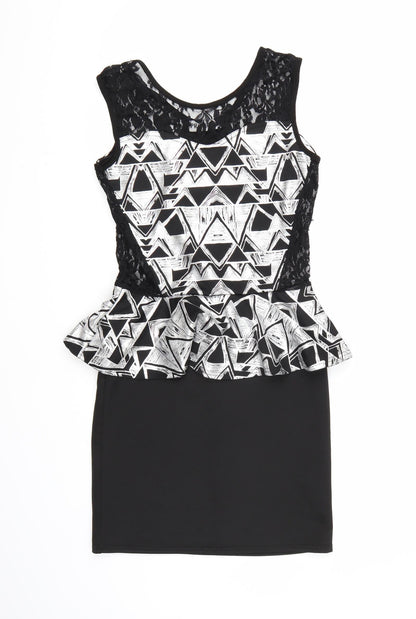 Additional front view of Progress women’s black geometric bodycon, size M, - frill detail