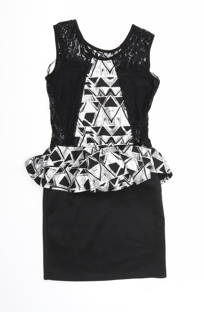 Back view of Progress women’s black geometric bodycon, size M, - frill detail