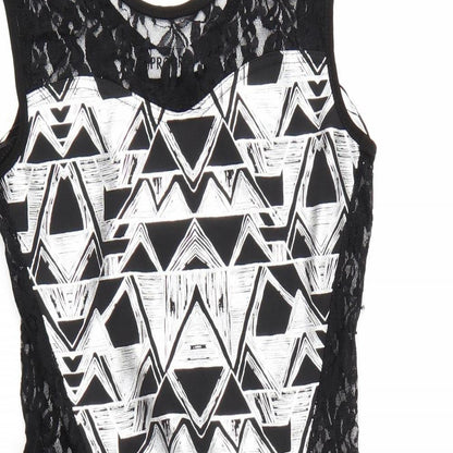 Close-up detail of Progress women’s black geometric bodycon, size M, - frill detail