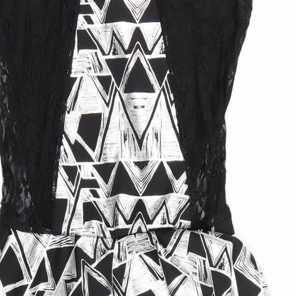 Brand and care label for Progress women’s black geometric bodycon, size M, - frill detail