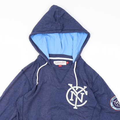 Close-up detail of Mitchell & Ness men’s black pullover hoodie, size XS