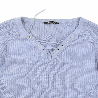 Close-up detail of Select women’s blue knit jumper, size UK 12