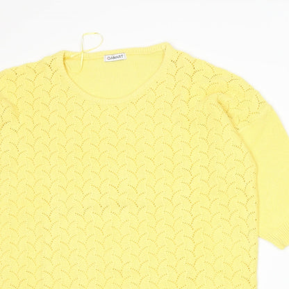 Close-up detail of Damart women’s yellow knit jumper, size UK 16