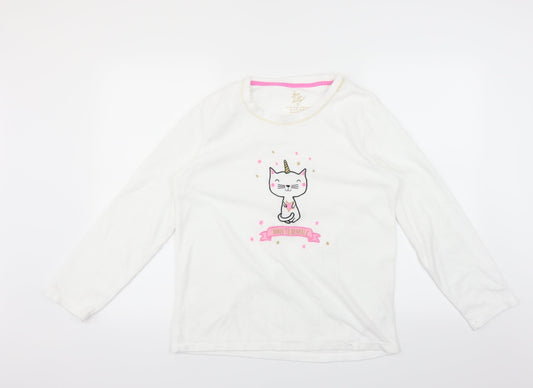 Primark Womens White Solid  Top Pyjama Top Size M  - Unicorn cat