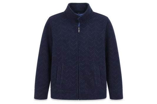 Front view of Bonmarché women’s blue geometric jacket, size S