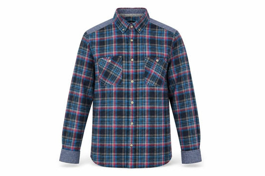 Front view of F&F men’s blue check button-up, size S