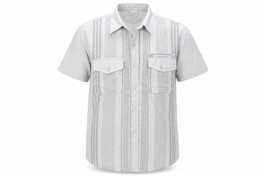 Front view of GREEN-g men’s grey check button-up, size L