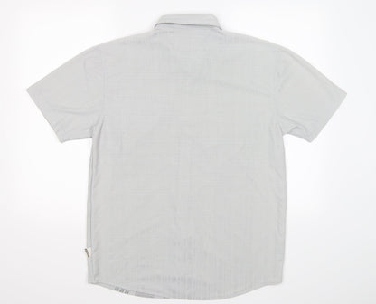 Back view of GREEN-g men’s grey check button-up, size L