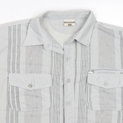 Close-up detail of GREEN-g men’s grey check button-up, size L