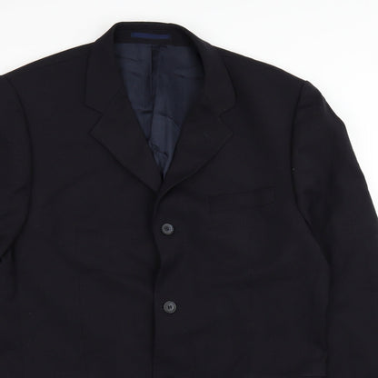 Close-up detail of Preworn men’s blue jacket suit jacket, size 42
