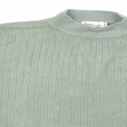 Close-up detail of Design Essentials women’s green knit jumper, size M