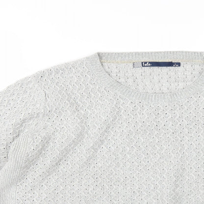 Close-up detail of EWM women’s grey jumper, size L