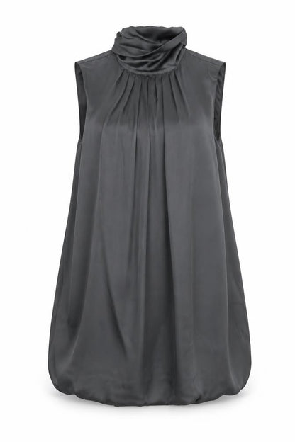 Front view of women’s green satin shift, size M
