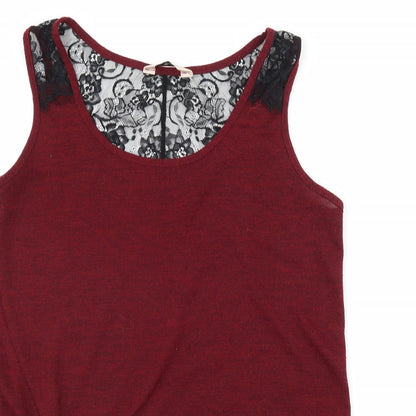 Close-up detail of Miss Selfridge women’s red jersey basic tank, size UK 10, - lace detail