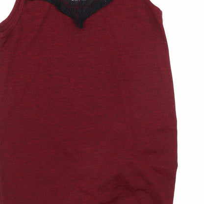 Brand and care label for Miss Selfridge women’s red jersey basic tank, size UK 10, - lace detail