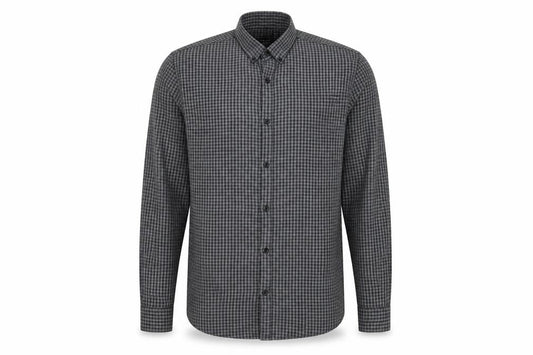 Front view of Cedarwood State men’s grey check button-up, size 14.5