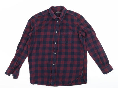 Additional front view of French Connection men’s purple check button-up, size L