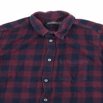 Close-up detail of French Connection men’s purple check button-up, size L