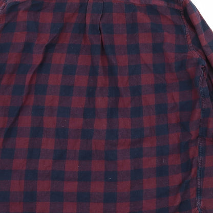 Brand and care label for French Connection men’s purple check button-up, size L